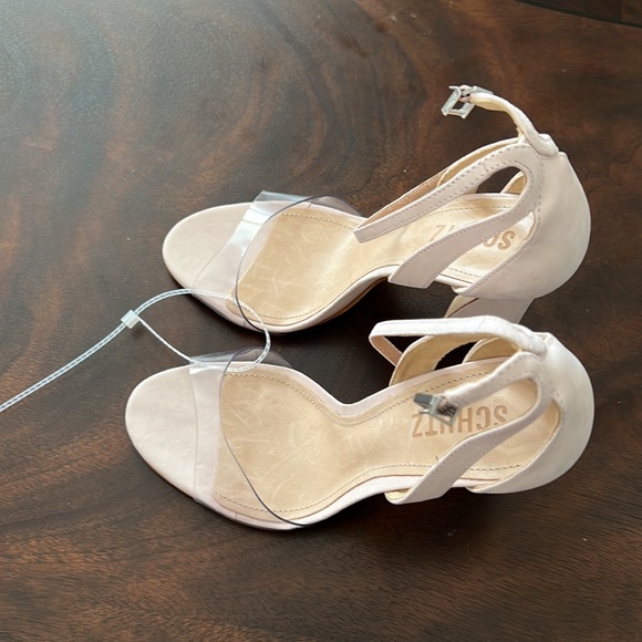 Schutz Kristy Suede Clear Vinyl Ankle Strap Dress Sandals. - Picture 4 of 12